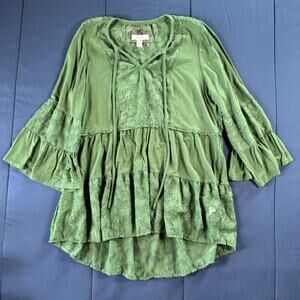 Cupio Green Lace Peplum Tunic Blouse Small Bell Sleeve Boho Top
